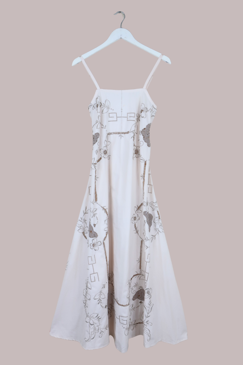 Juliet Vintage Tablecloth Maxi Dress in Ivory & Chalice Silver Pansies
