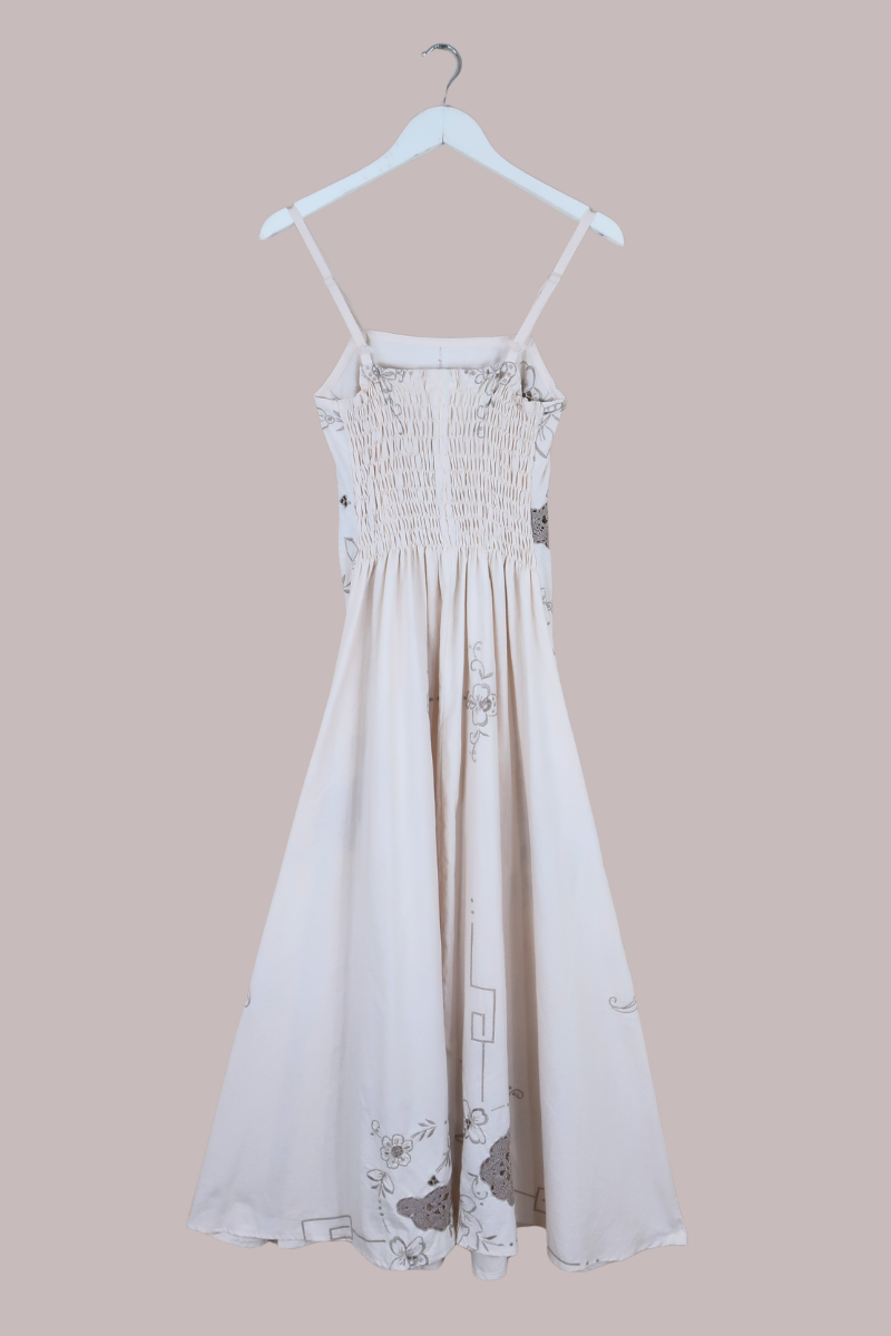 Juliet Vintage Tablecloth Maxi Dress in Ivory & Chalice Silver Pansies