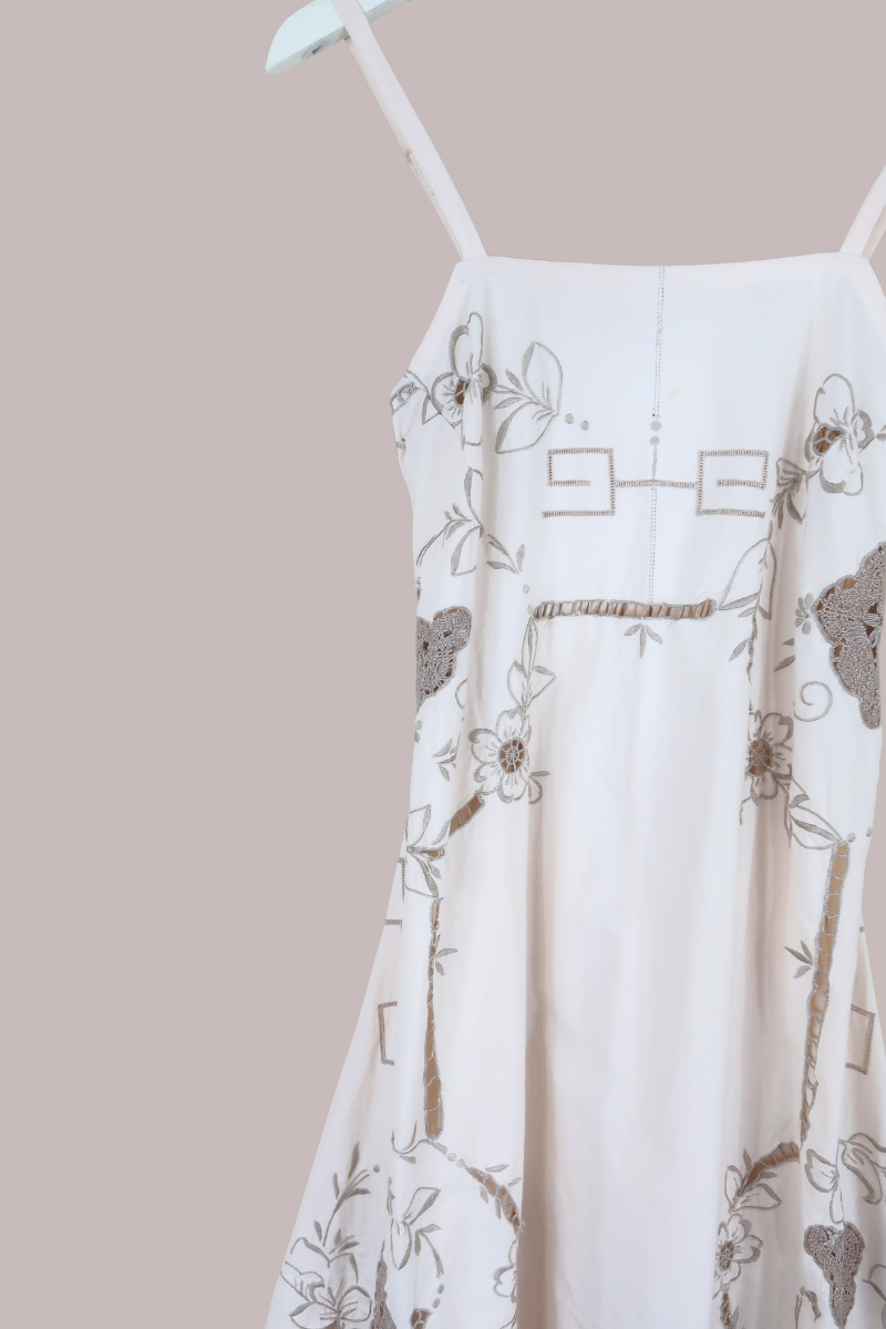 Juliet Vintage Tablecloth Maxi Dress in Ivory & Chalice Silver Pansies