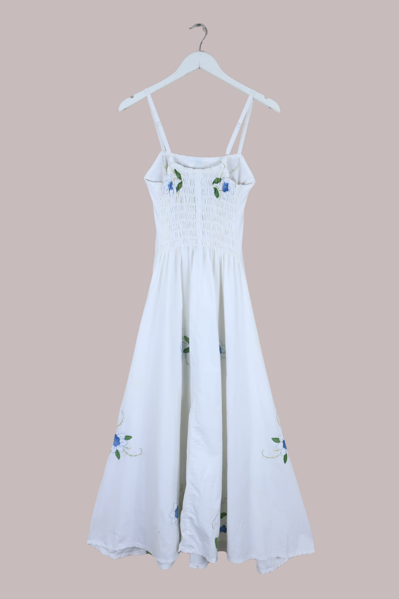 Juliet Vintage Tablecloth Maxi Dress in Moonlit Blue Lilies Embroidery
