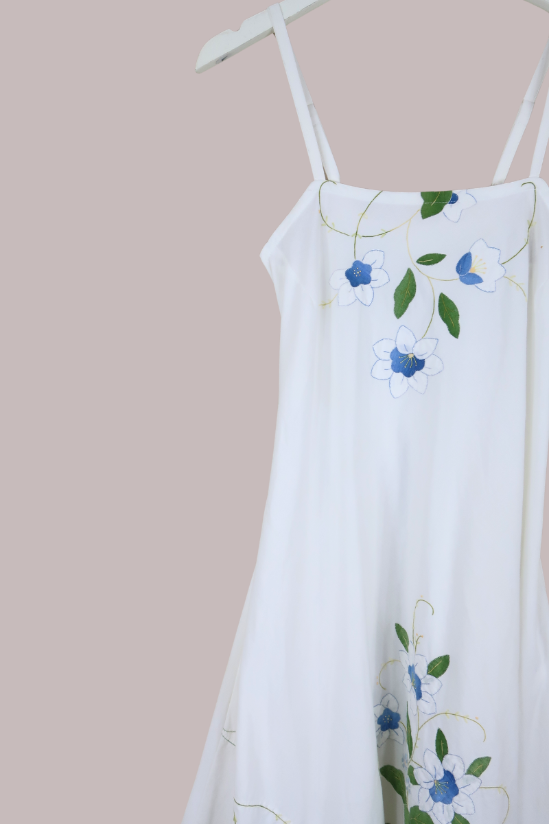 Juliet Vintage Tablecloth Maxi Dress in Moonlit Blue Lilies Embroidery