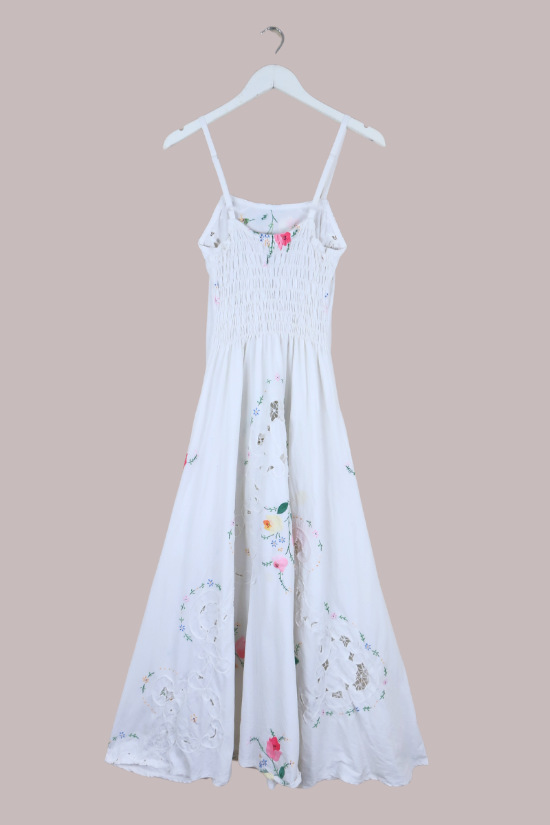 knee length dresses for ladies Vintage Tablecloth Maxi Dress in Garden at the Heart of the Labyrinth – All  About Audrey Vintage Boutique main image 0