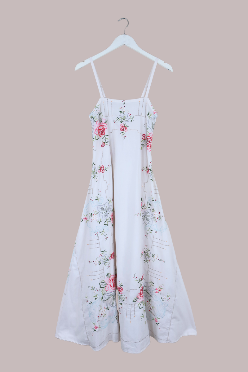 knee length dresses for ladies Vintage Tablecloth Maxi Dress in Garden at the Heart of the Labyrinth – All  About Audrey Vintage Boutique