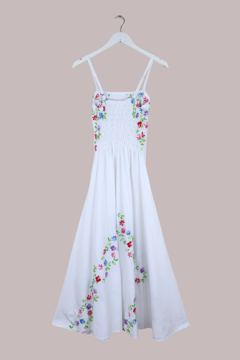 Juliet Vintage Tablecloth Maxi Dress in 'Welcome to my Garden' Embroidery