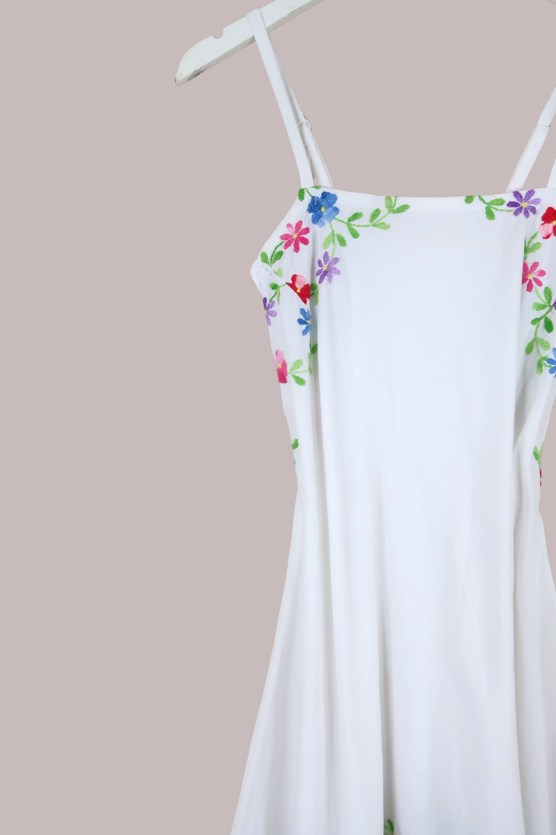 Juliet Vintage Tablecloth Maxi Dress in 'Welcome to my Garden' Embroidery