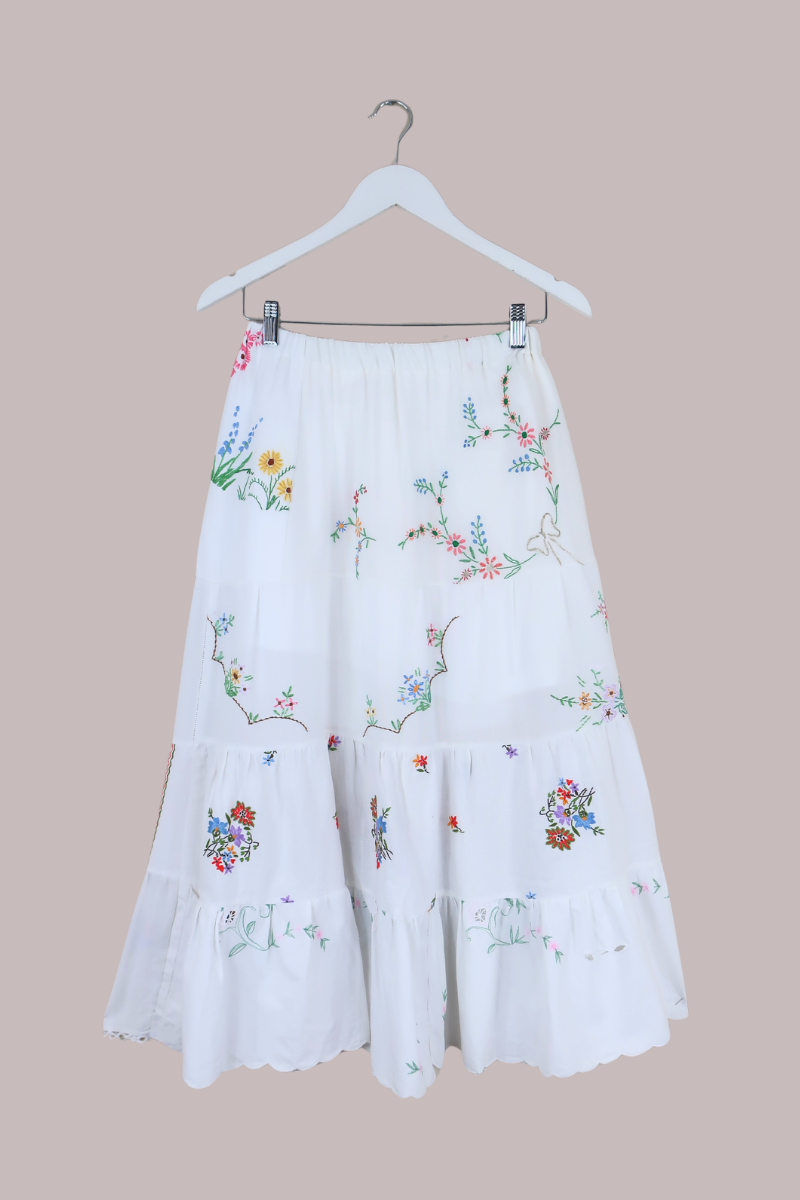 Adelaide Vintage Tablecloth Tiered Skirt in Bows & Bouquets Embroidery