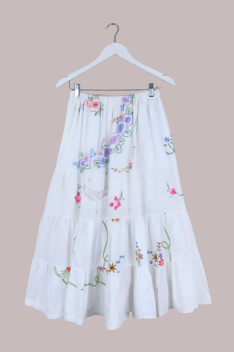 Adelaide Vintage Tablecloth Tiered Skirt in Pastel Pansy Fairy Garden
