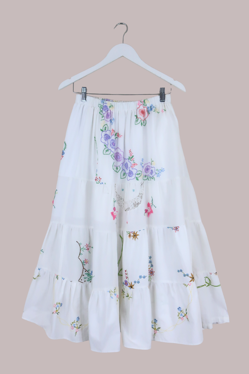 Adelaide Vintage Tablecloth Tiered Skirt in Pastel Pansy Fairy Garden
