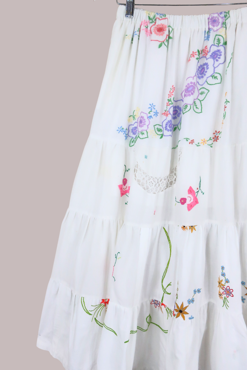 Adelaide Vintage Tablecloth Tiered Skirt in Pastel Pansy Fairy Garden