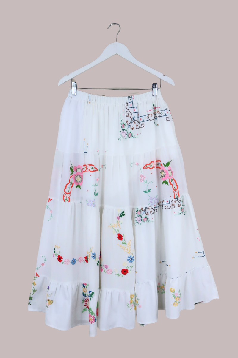 Adelaide Vintage Tablecloth Tiered Skirt in Cross Stitch Flower Garden