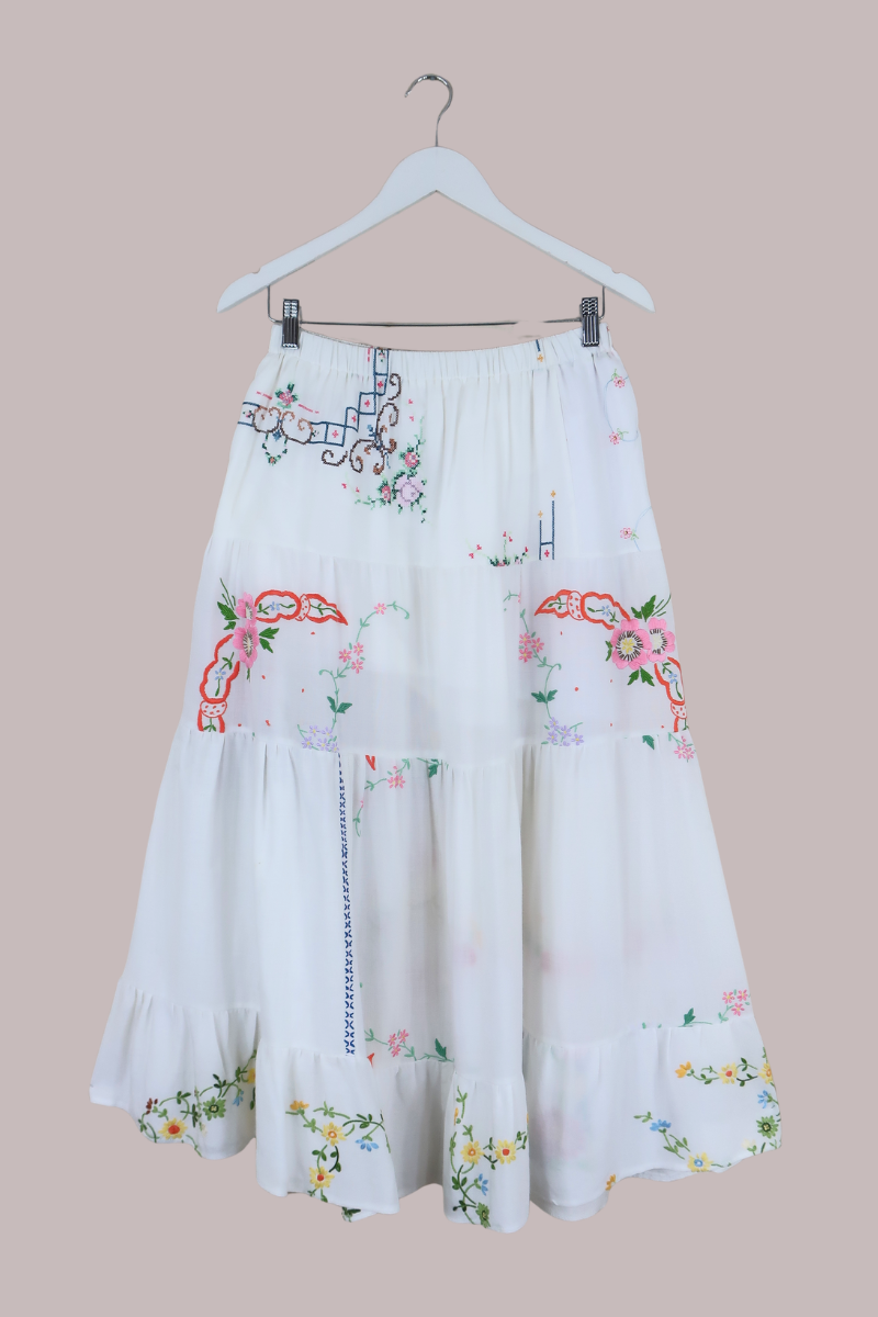 Adelaide Vintage Tablecloth Tiered Skirt in Cross Stitch Flower Garden