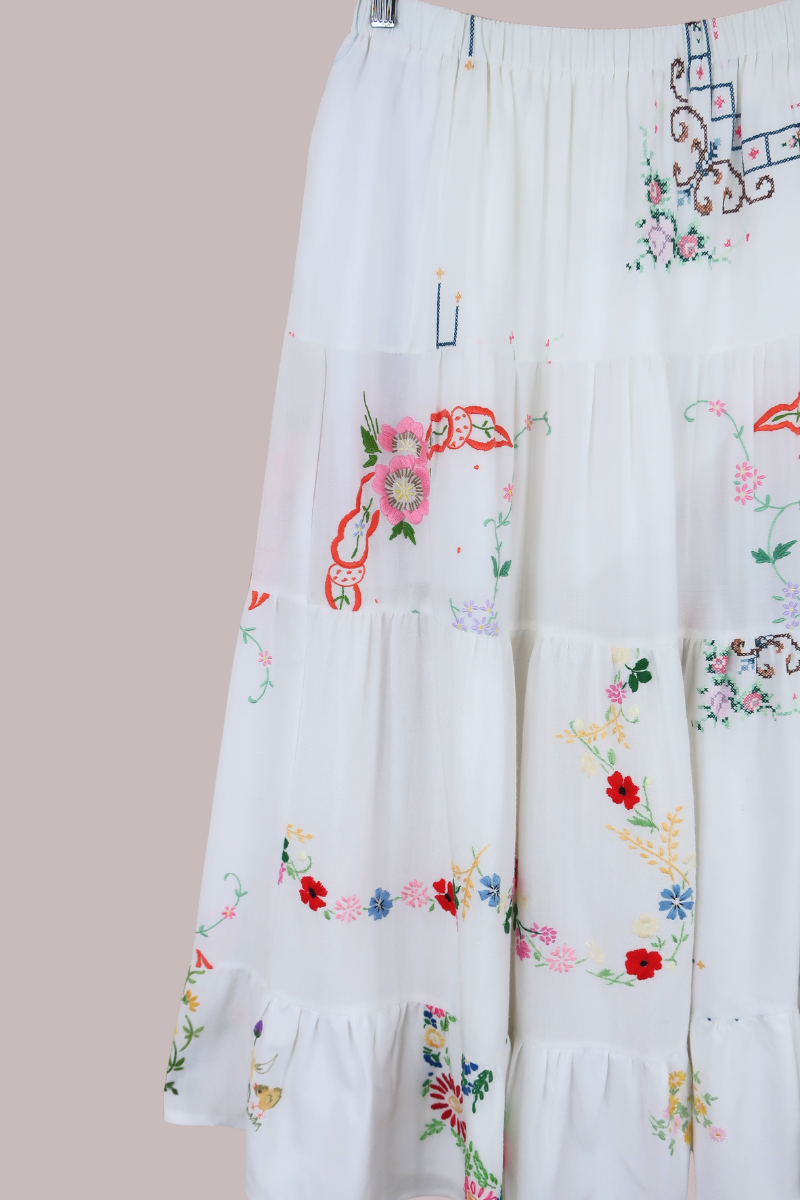 Adelaide Vintage Tablecloth Tiered Skirt in Cross Stitch Flower Garden