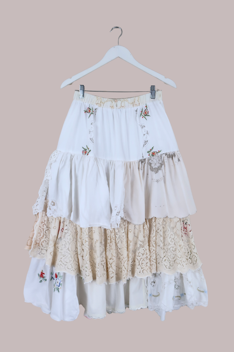 Wendy Vintage Tablecloth Flounce Skirt in Bells of Spring Floral Embroidery