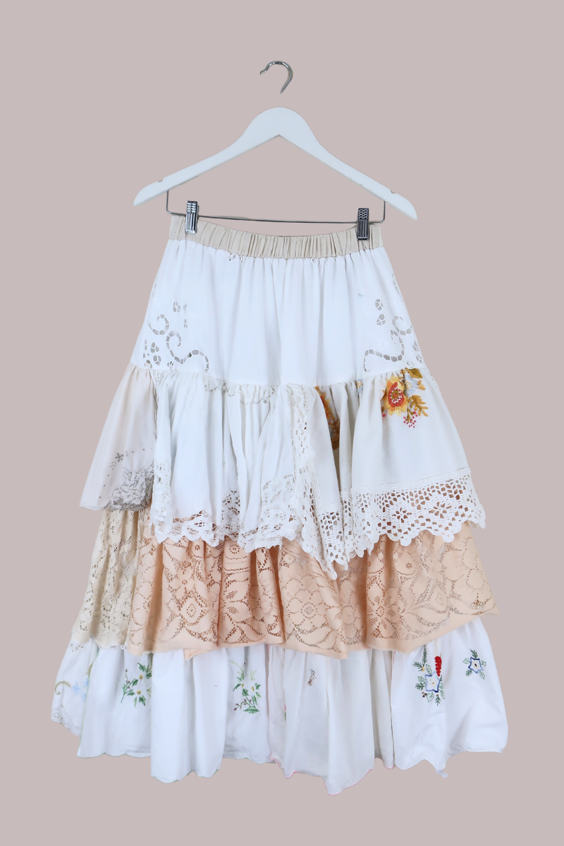 Wendy Vintage Tablecloth Flounce Skirt in Bells of Spring Floral Embroidery