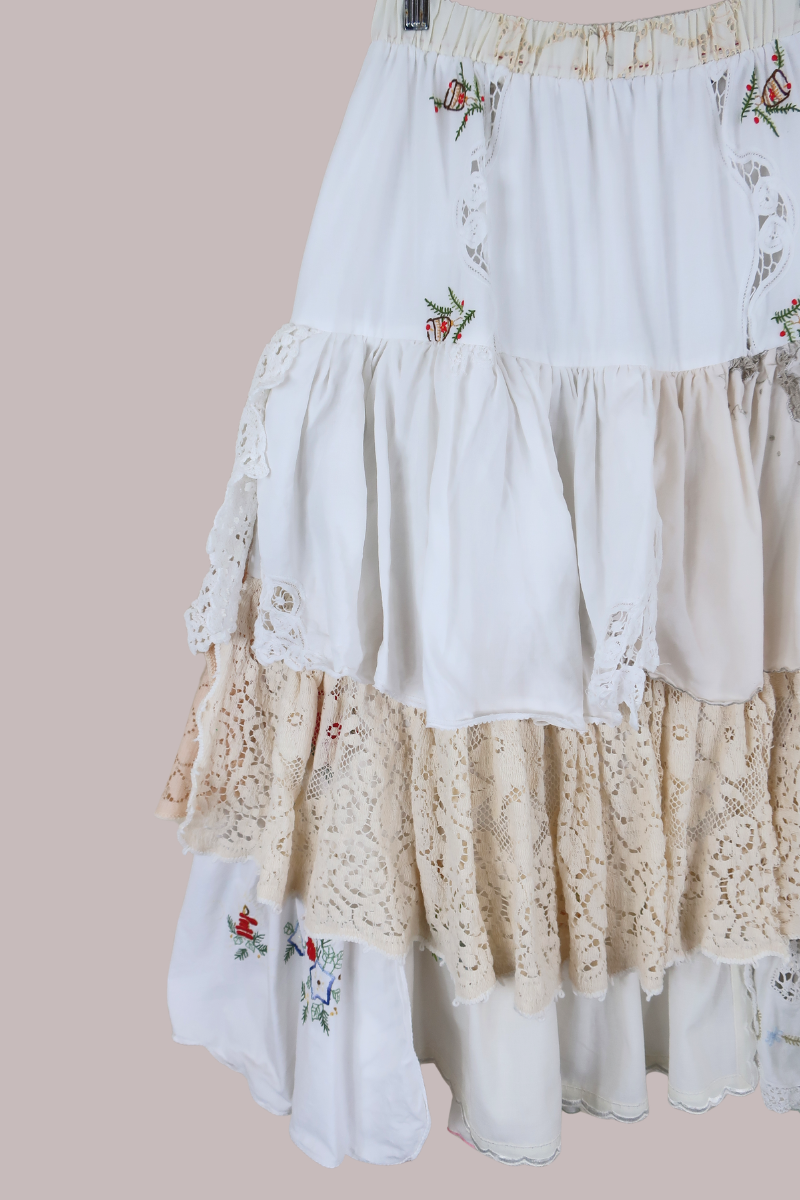 Wendy Vintage Tablecloth Flounce Skirt in Bells of Spring Floral Embroidery