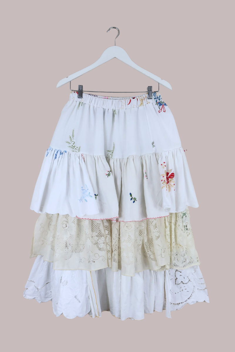 Wendy Vintage Tablecloth Flounce Skirt in Cottage Garden Flowers