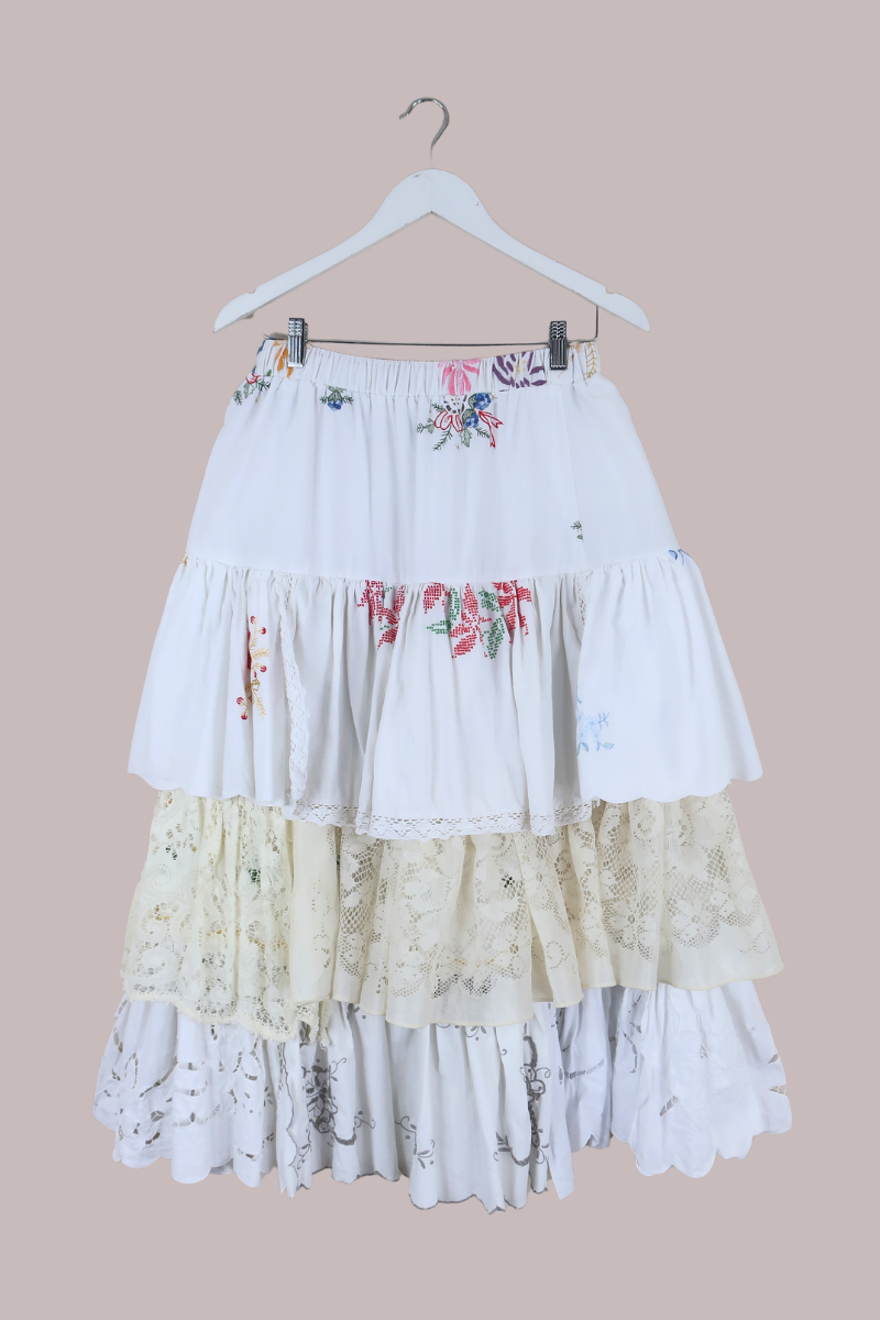 Wendy Vintage Tablecloth Flounce Skirt in Cottage Garden Flowers