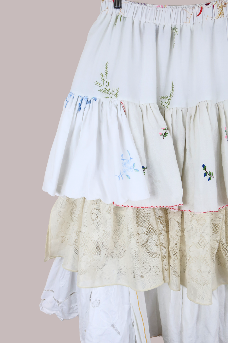 Wendy Vintage Tablecloth Flounce Skirt in Cottage Garden Flowers