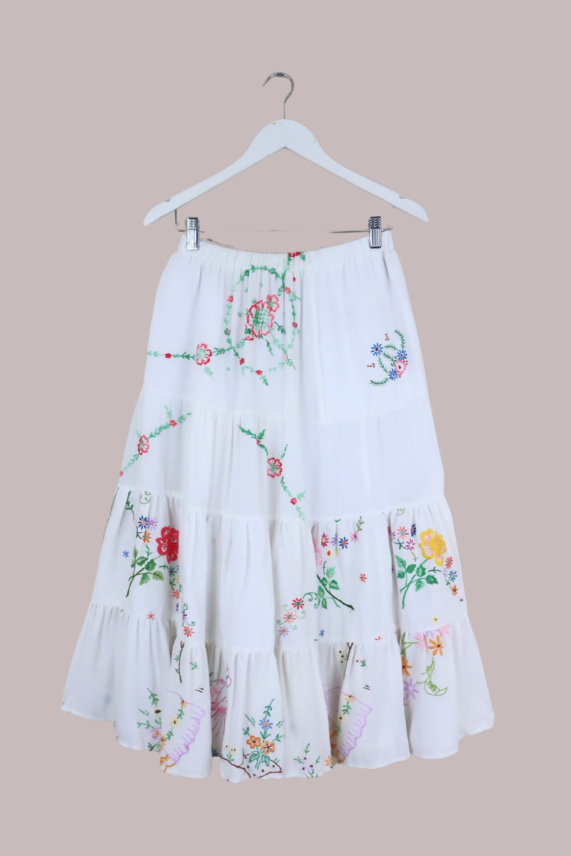 Adelaide Vintage Tablecloth Tiered Skirt in Poppy Grove Embroidery