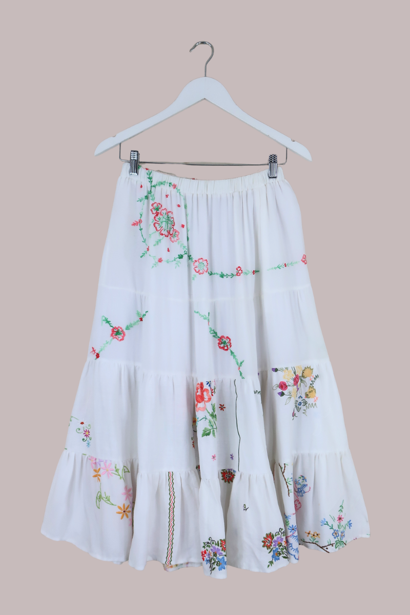 Adelaide Vintage Tablecloth Tiered Skirt in Poppy Grove Embroidery