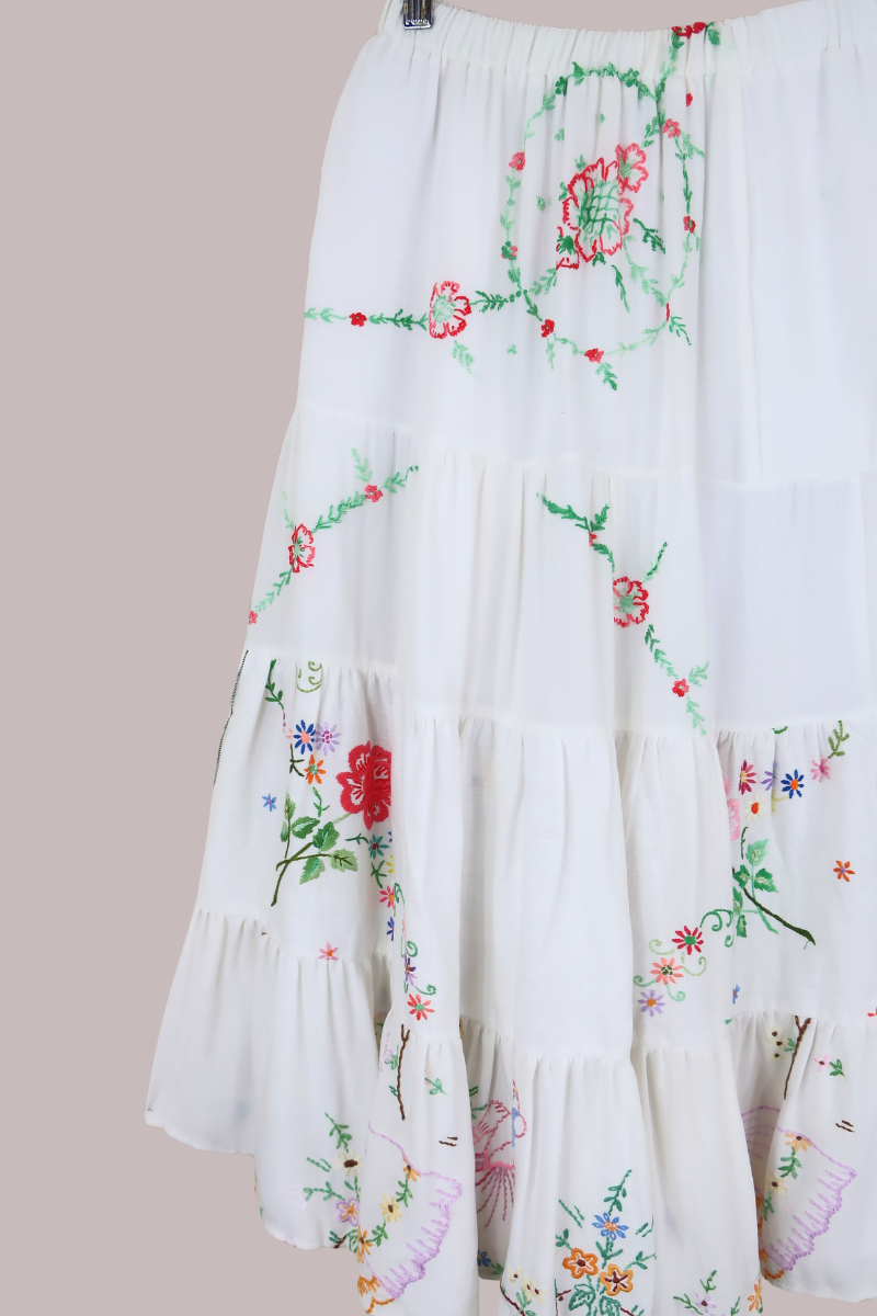 Adelaide Vintage Tablecloth Tiered Skirt in Poppy Grove Embroidery