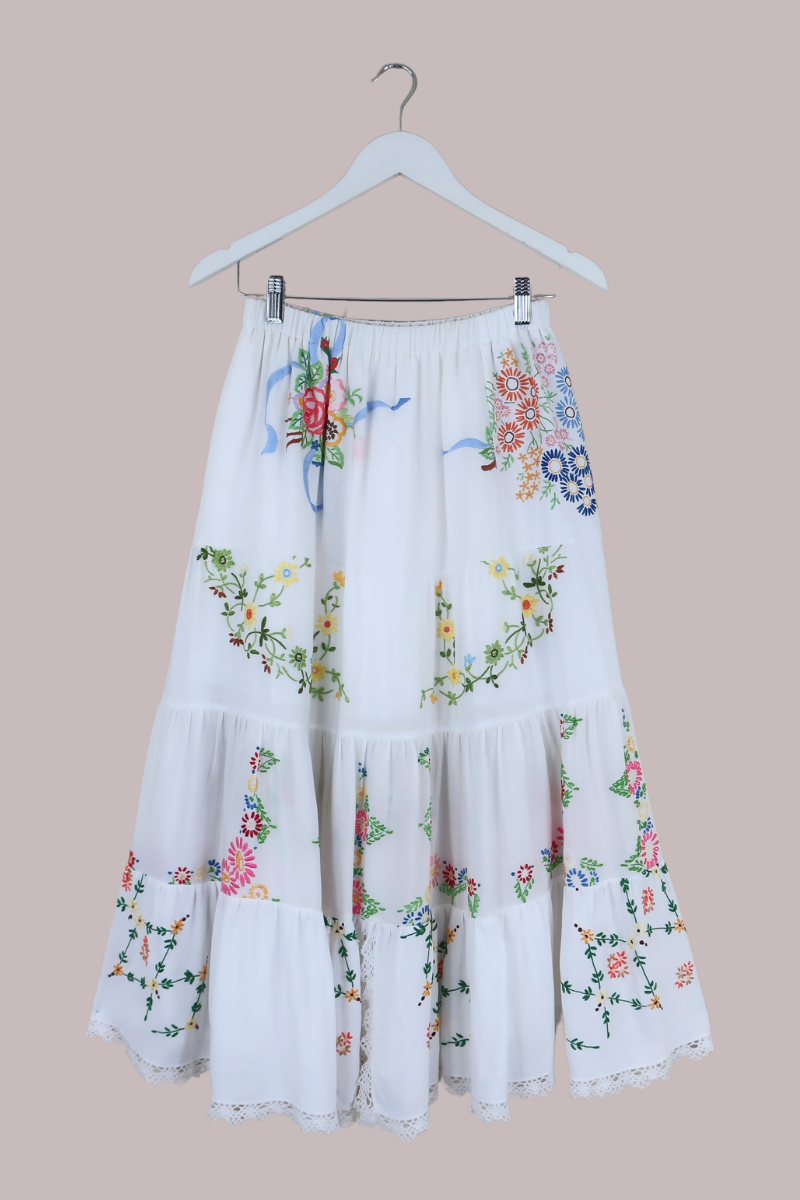 Adelaide Vintage Tablecloth Tiered Skirt in Ring-a-Ring O' Roses Embroidery