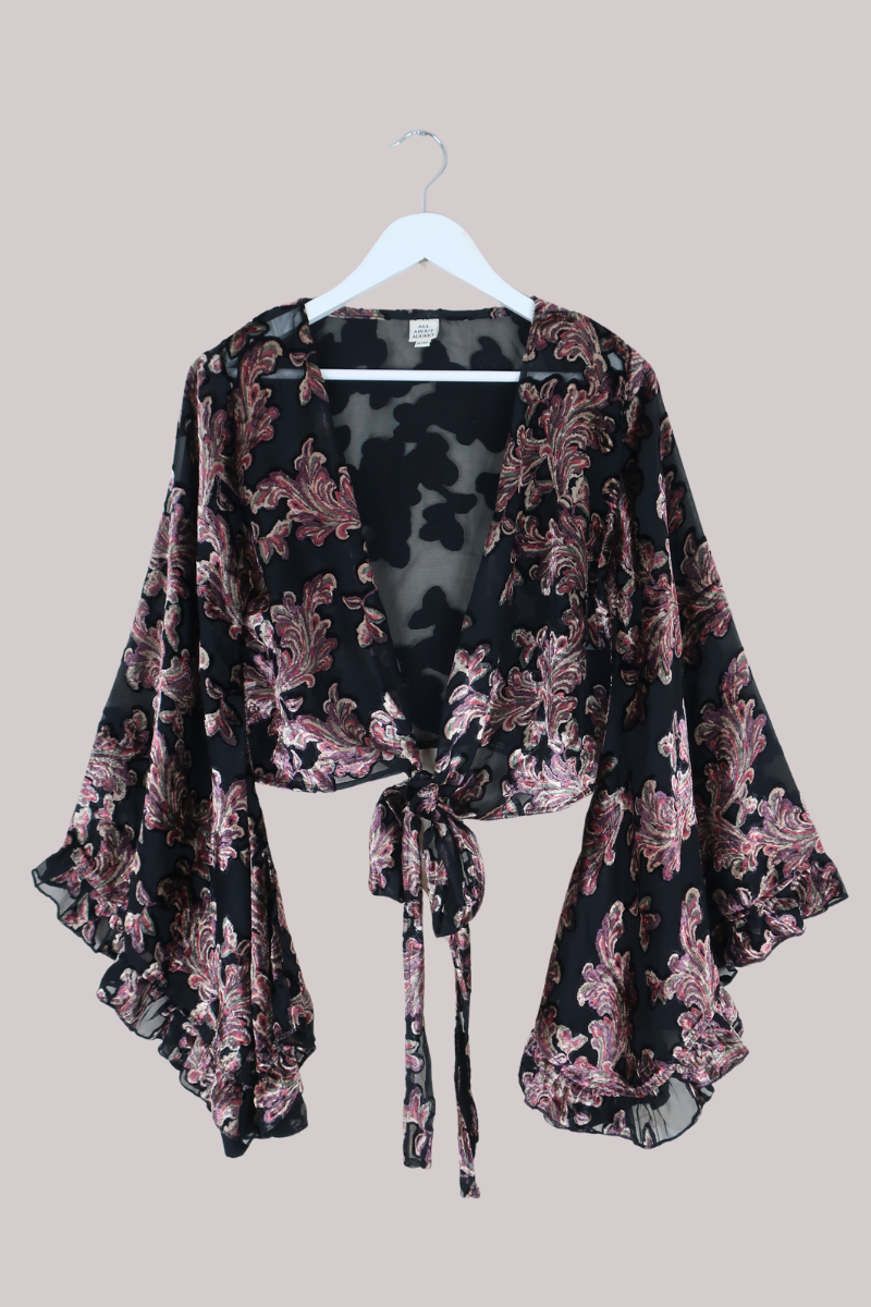 Venus Wrap Top in Black Burn Out Velvet