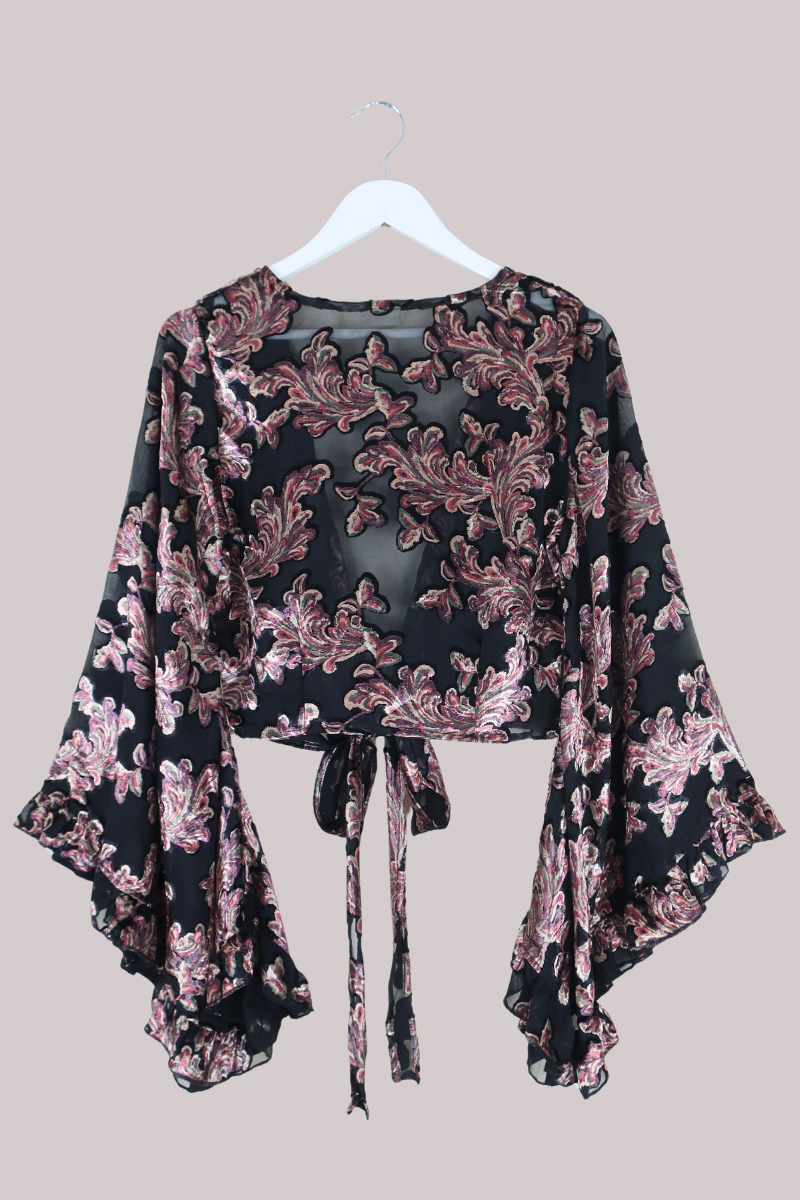 Venus Wrap Top in Black Burn Out Velvet