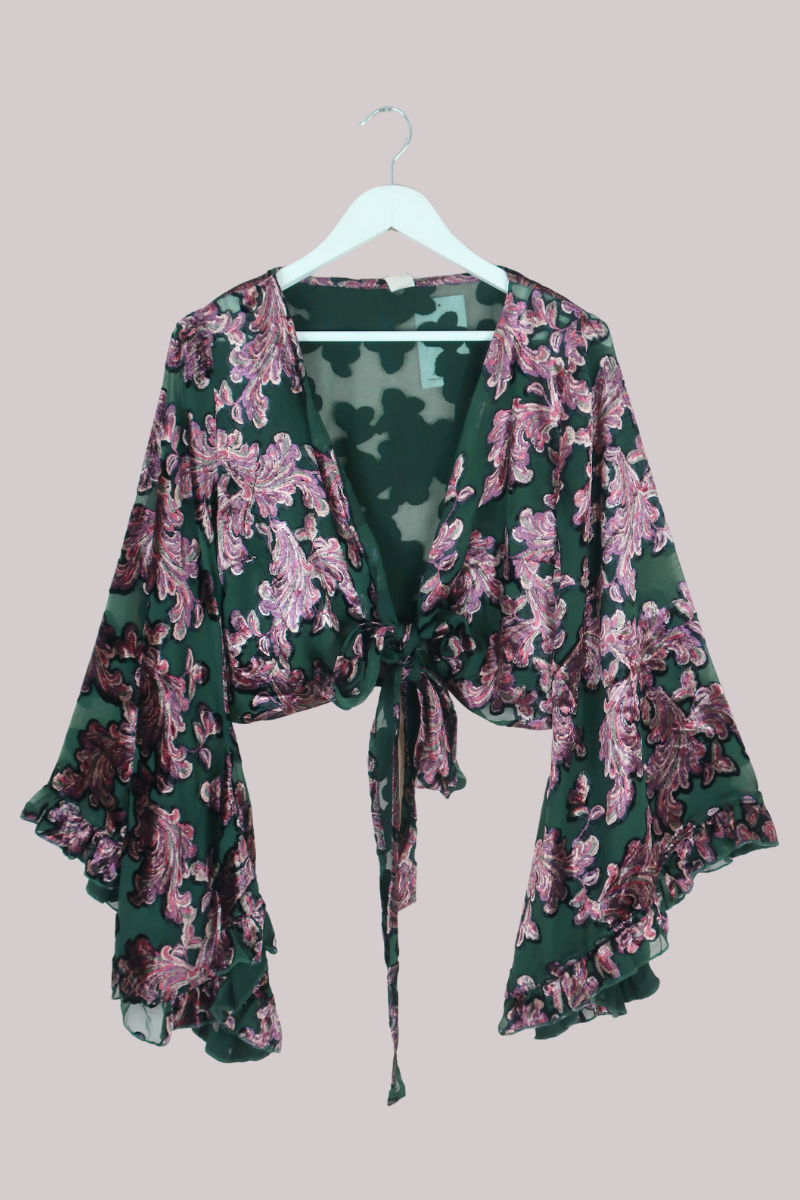 Venus Wrap Top in Emerald Burn Out Velvet