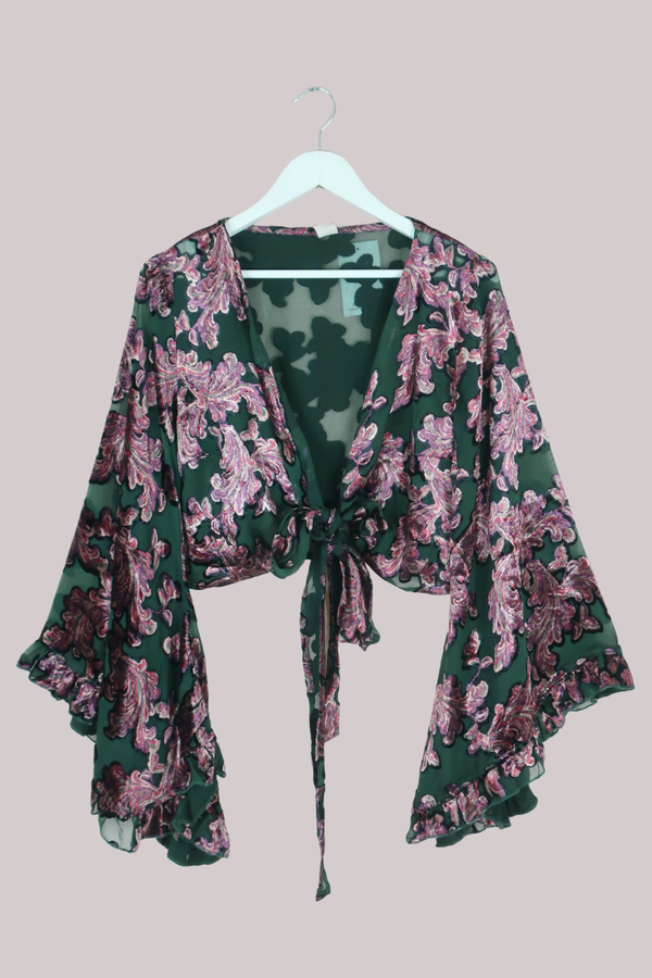 Venus Wrap Top in Emerald Burn Out Velvet