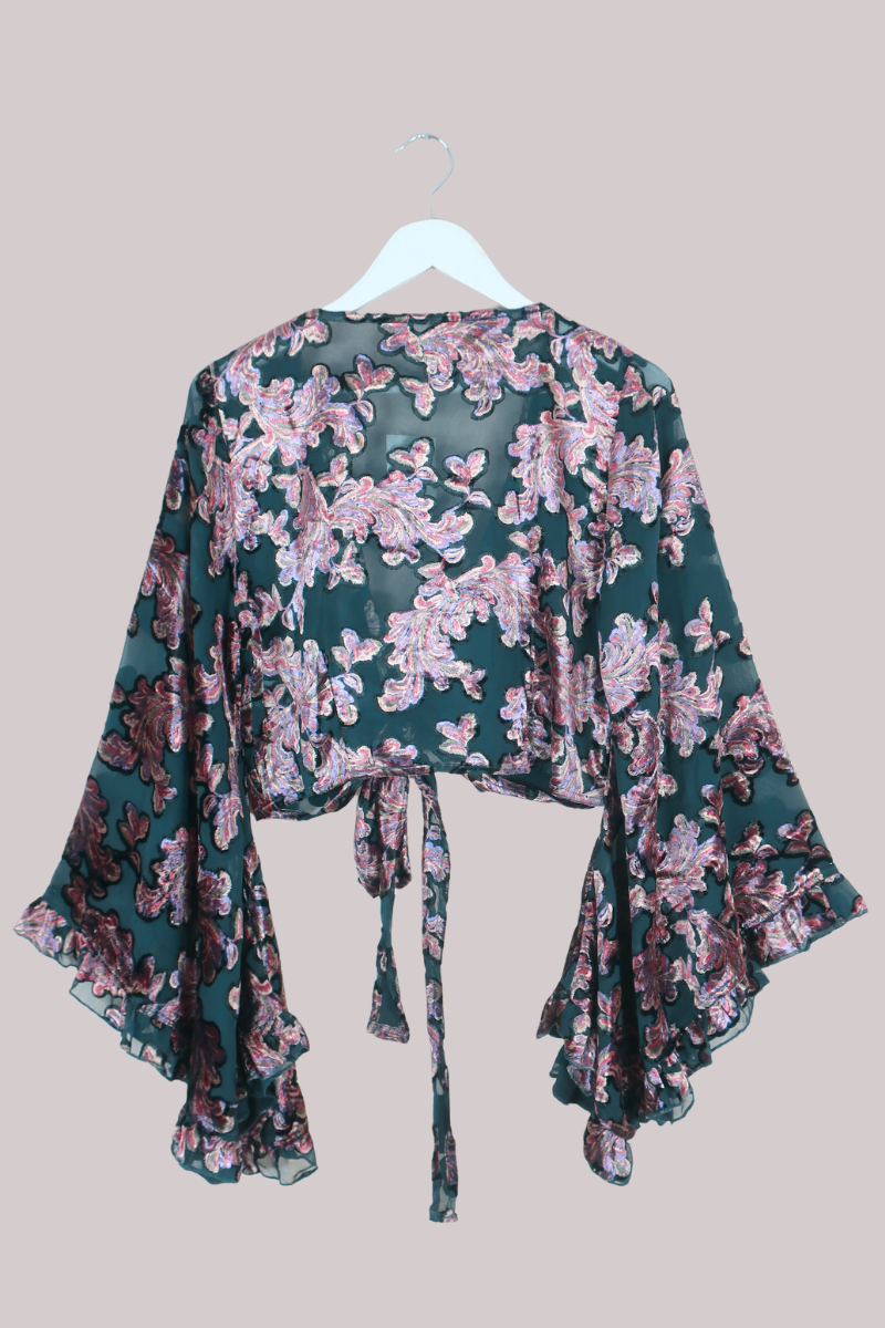 Venus Wrap Top in Emerald Burn Out Velvet