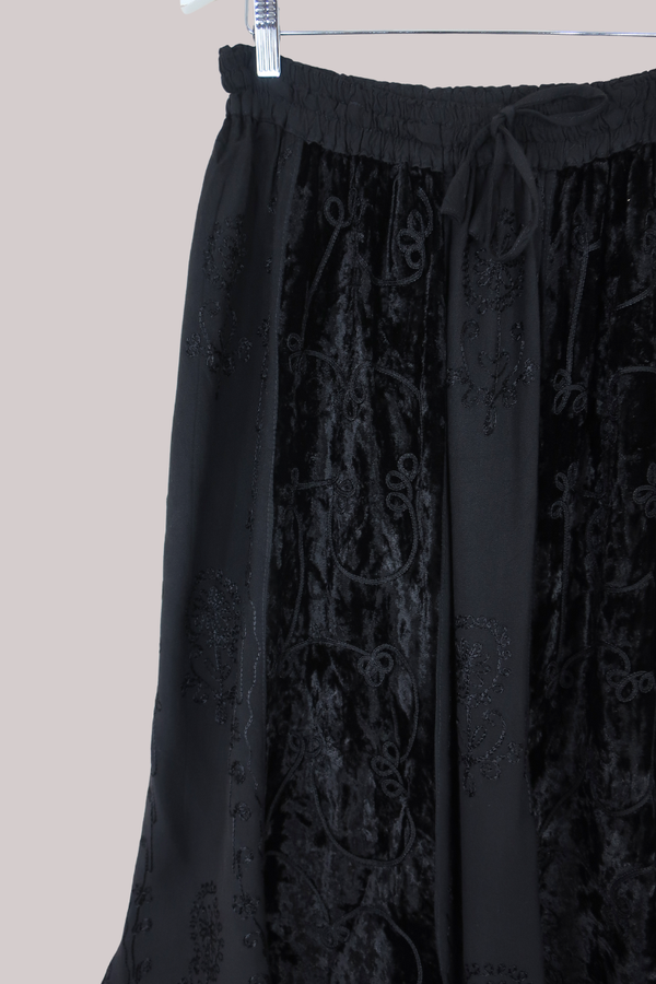 Embroidered Velvet Handkerchief Midi Skirt in Pitch Black