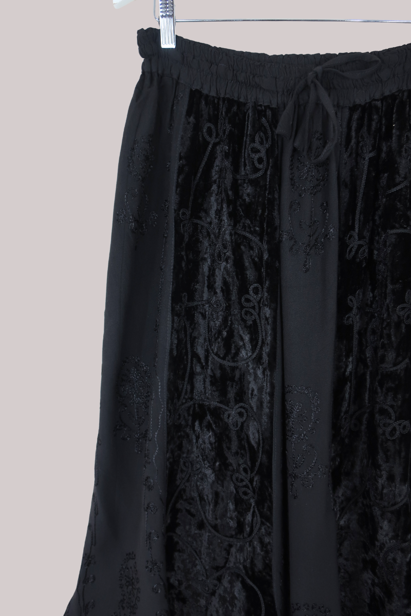 Embroidered Velvet Handkerchief Midi Skirt in Pitch Black