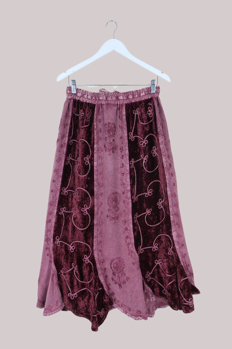 Embroidered Velvet Handkerchief Midi Skirt in Midnight Mauve