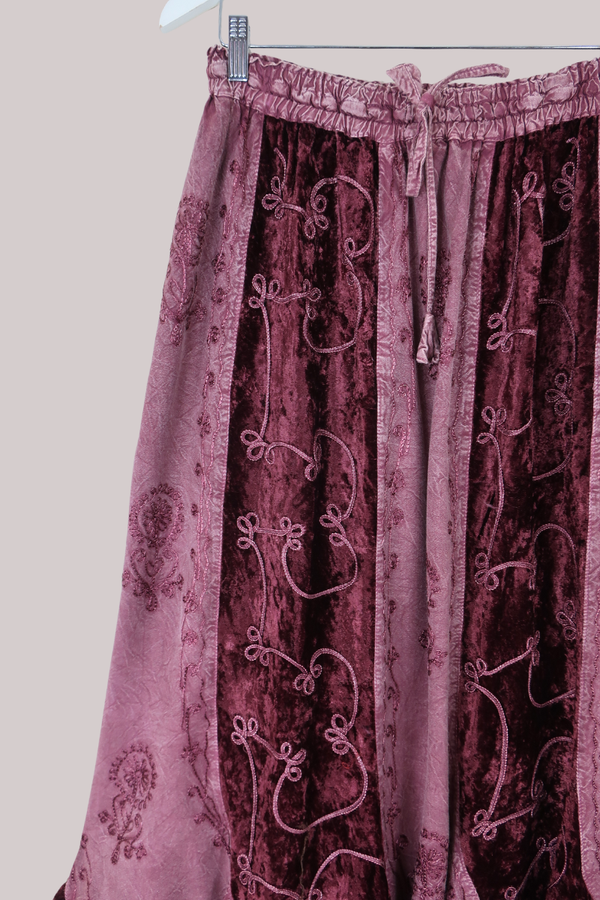 Embroidered Velvet Handkerchief Midi Skirt in Midnight Mauve