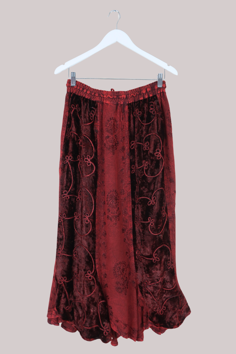 Embroidered Velvet Handkerchief Midi Skirt in Crimson Red