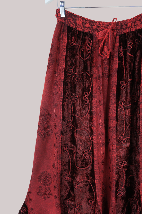 Embroidered Velvet Handkerchief Midi Skirt in Crimson Red