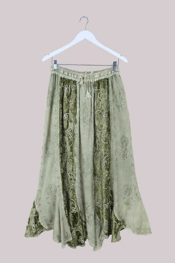 Embroidered Velvet Handkerchief Midi Skirt in Dusty Sage