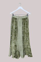 Embroidered Velvet Handkerchief Midi Skirt in Dusty Sage