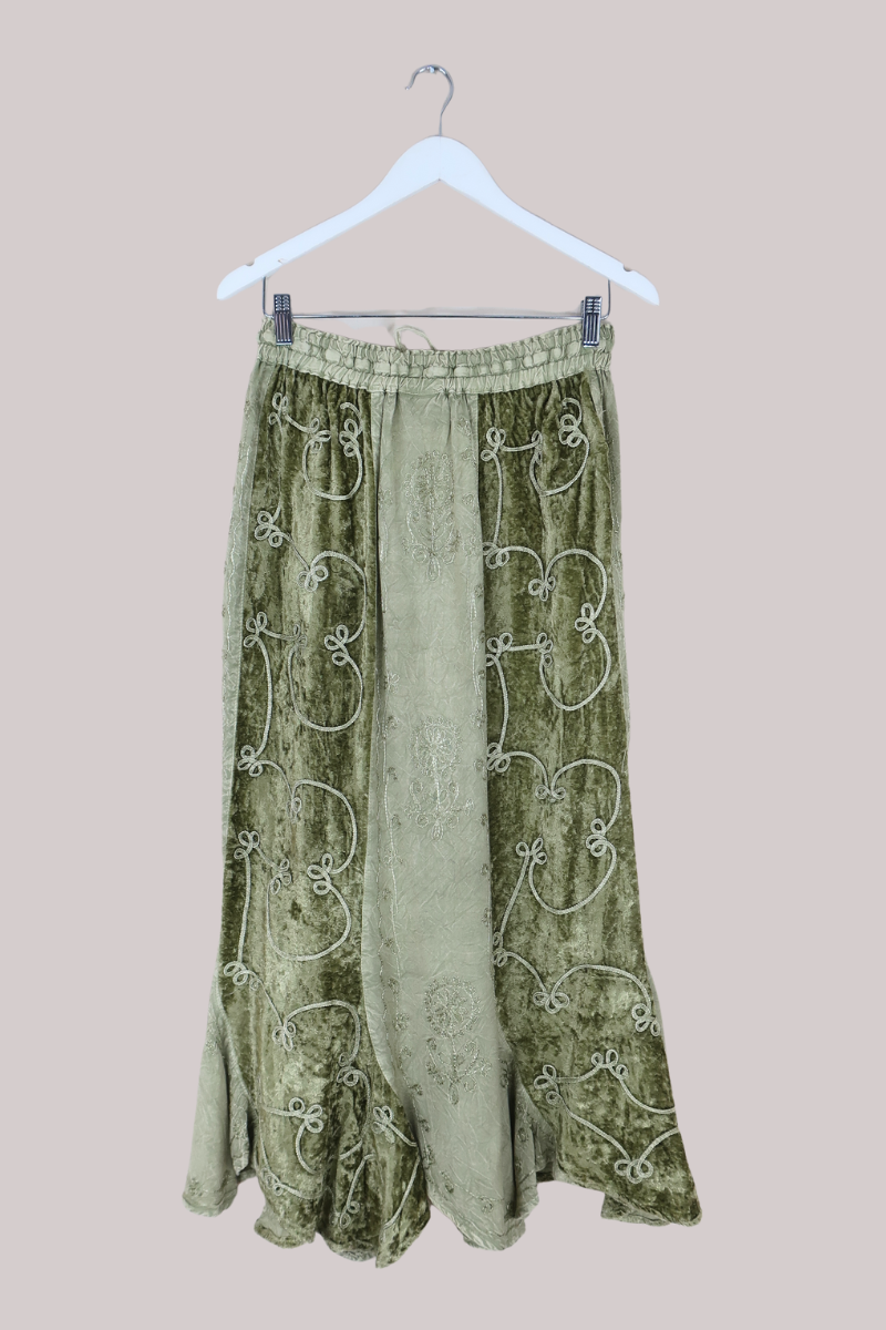 Embroidered Velvet Handkerchief Midi Skirt in Dusty Sage