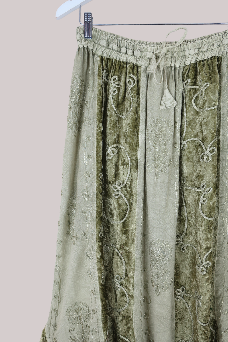 Embroidered Velvet Handkerchief Midi Skirt in Dusty Sage