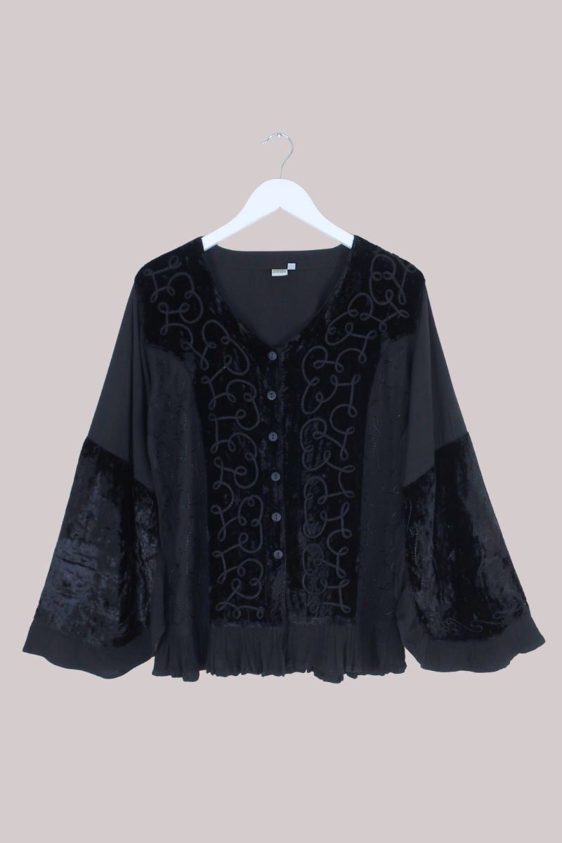 Embroidered Velvet Frill Sleeve Blouse in Pitch Black