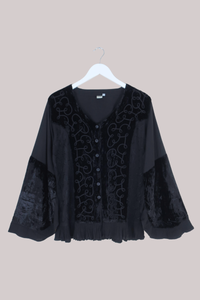 Embroidered Velvet Frill Sleeve Blouse in Pitch Black