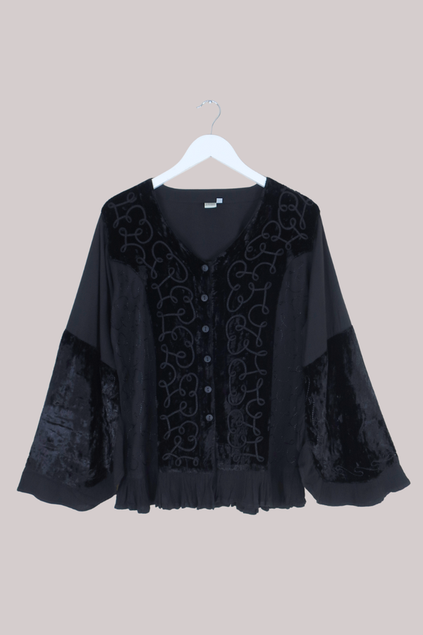 Embroidered Velvet Frill Sleeve Blouse in Pitch Black