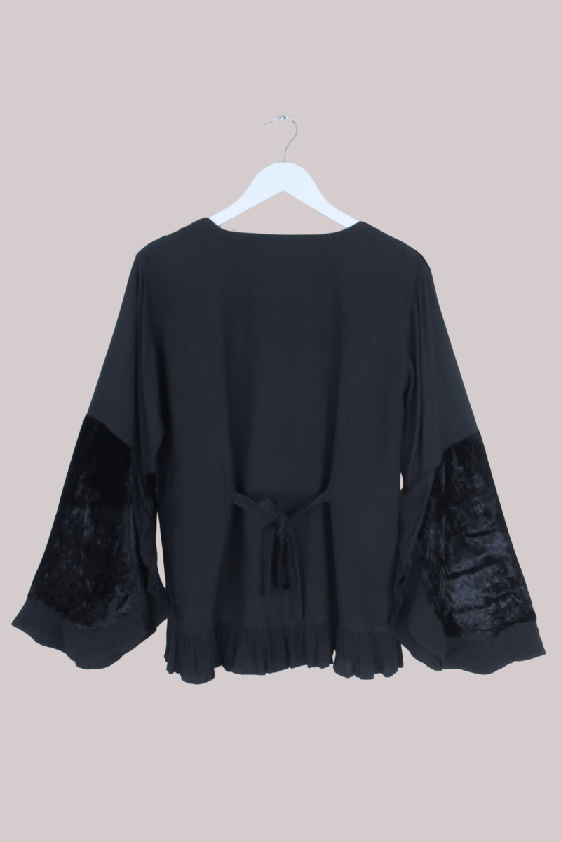 Embroidered Velvet Frill Sleeve Blouse in Pitch Black