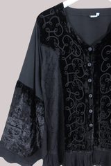 Embroidered Velvet Frill Sleeve Blouse in Pitch Black