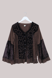 Embroidered Velvet Frill Sleeve Blouse in Hazelnut Brown