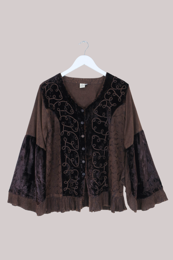 Embroidered Velvet Frill Sleeve Blouse in Hazelnut Brown