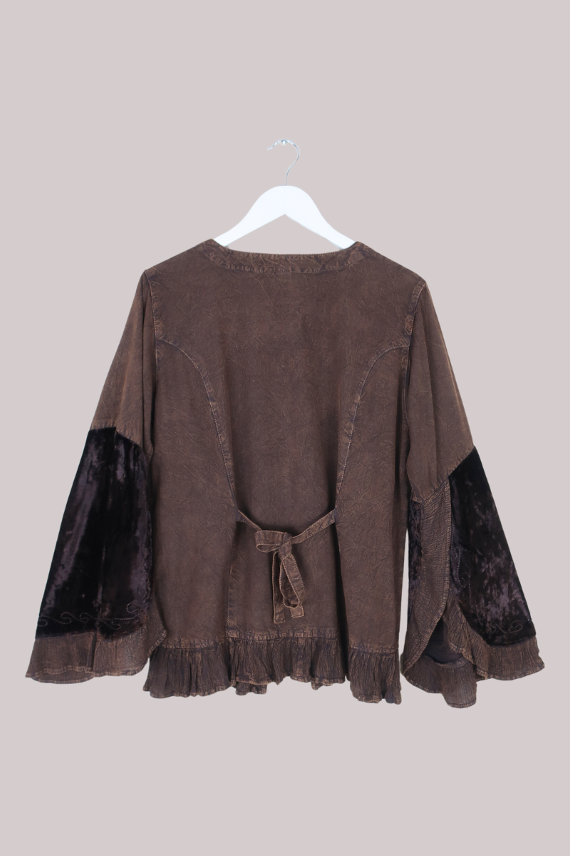 Embroidered Velvet Frill Sleeve Blouse in Hazelnut Brown