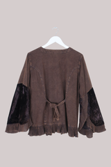 Embroidered Velvet Frill Sleeve Blouse in Hazelnut Brown